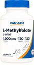 Nutricost Methylfolate 1000mcg, 120 Vegetariánske kapsule - bezlepkové, bez GMO (metylované foláty)