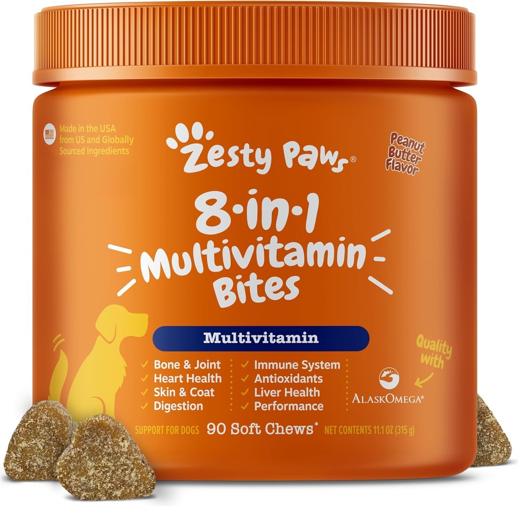 Zesty Paws Multivitamínové liečby pre psov, Glukozamín Chondroitín Joint Support + Digestívne enzýmy a probiotiká, Grain Free Dog Vitamíny a doplnky pre kožu a pokožku, Arašidové maslo - 90ct