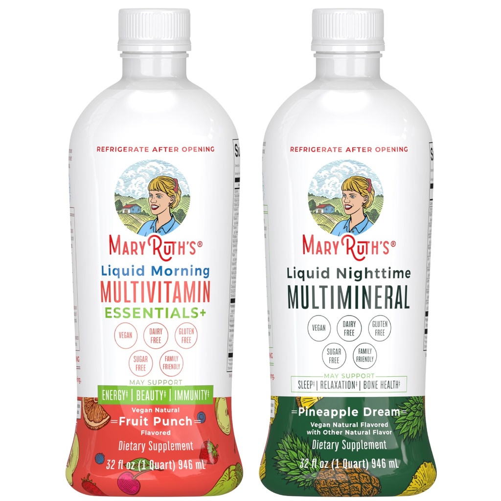 MaryRuth's Liquid Morning Multivitamin (Fruit Punch) & Liquid Nighttime Multimineral (Pineapple) | Clean Label Project Verified® | Vitamins & Magnesium for Energy, Bedtime, & Overall Health | Vegan