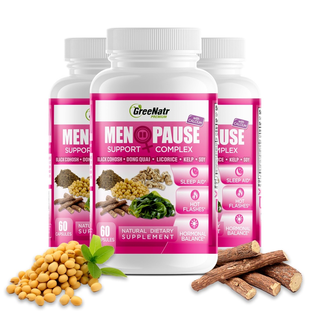 GreeNatr Menopauza Supplements for Women - Perimenopauza Supplements Women with Dong Quai & Black Cohosh for Menopause Hot Flashs - Menopauza Podpora pre spánok Kvalita a Hormone Balance - 3 fľaše