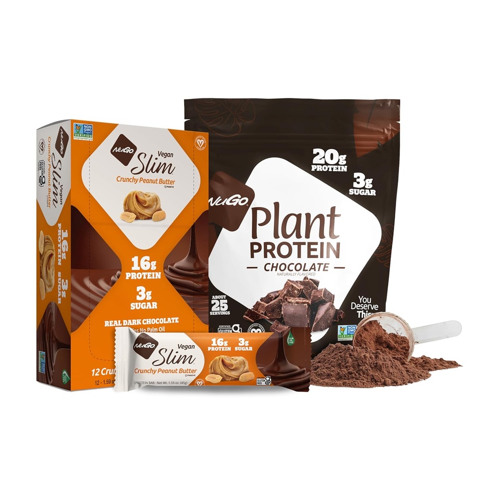 NuGo Slim Tmavá čokoláda Chrumkavé Arašidové maslo, 17g Vegánsky proteín, 3g Cukor, 12 g Plant Protein Powder, 20g Protein, 3g Cukor, 25 Servings