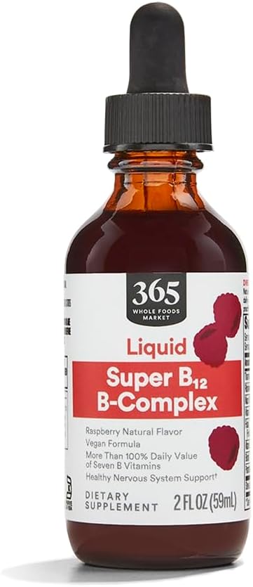 365 podľa trhu celých potravín, Super B-12 B-Complex Liquid Supplement, Malinová prírodná chuť, Vegan, 2 Fl Oz