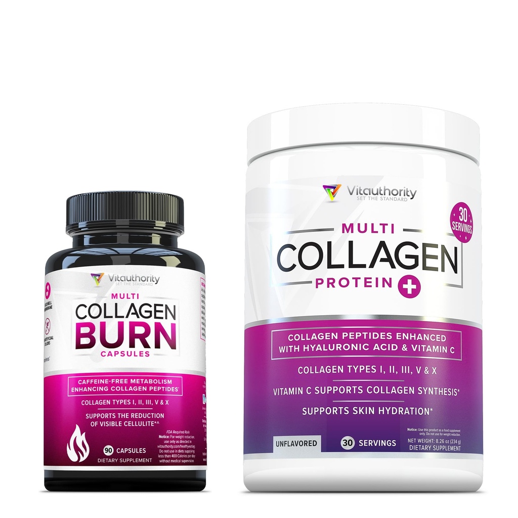 Vitauthority Multi Collagen Burn: Hydrolyzed Protein Peptides with Hyaluronic Acid and Multi Collagen Peptides Powder for Women - Hydrolyzed Flavored Collagen Unflavored 30 Servings