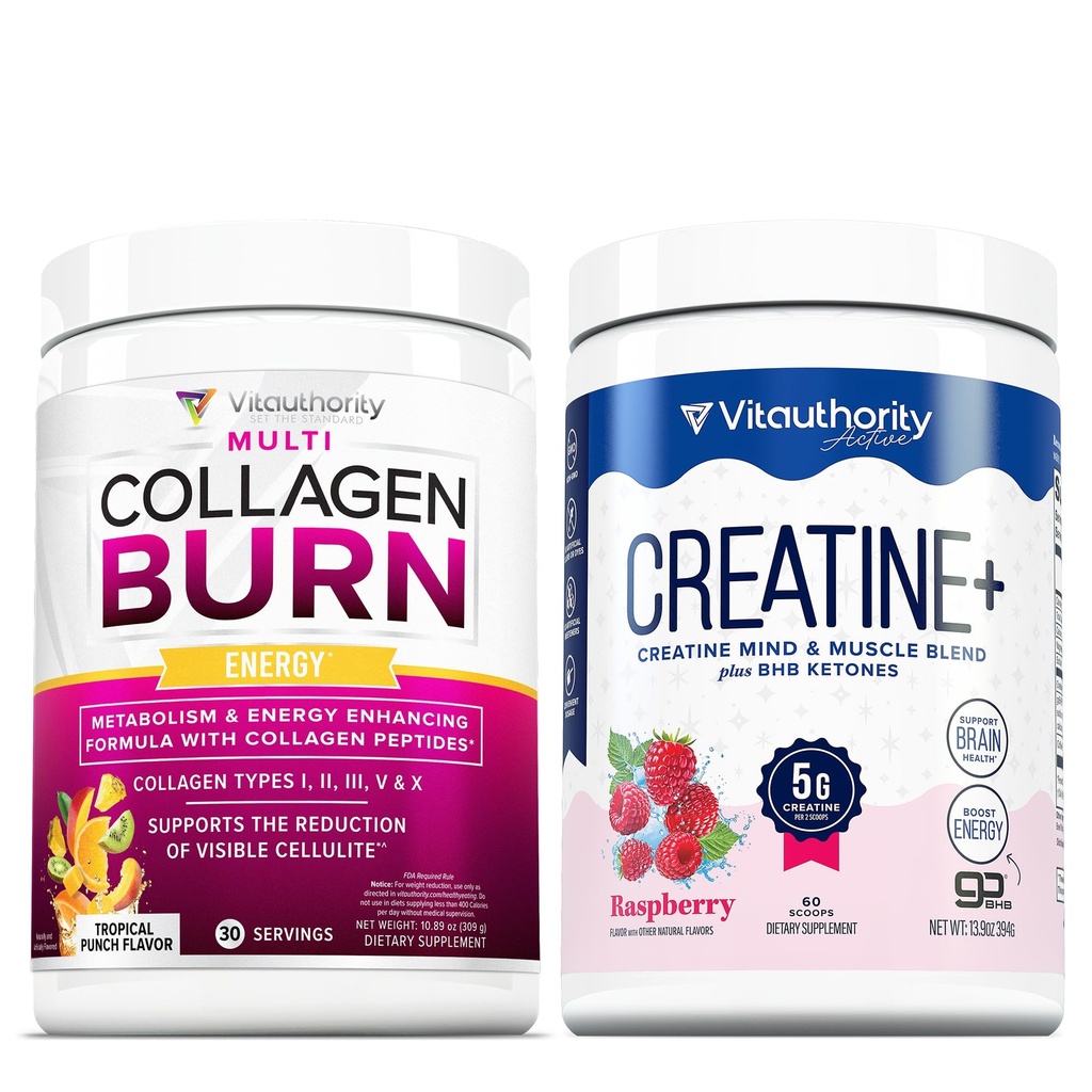 Vitauthority Multi Collagen Burn Energy: Hydrolyzed Protein Peptides with Hyaluronic Acid and Creatine Monohydrate Powder for Women Micronized Creatine Monohydrate with goBHB & CognatiQ