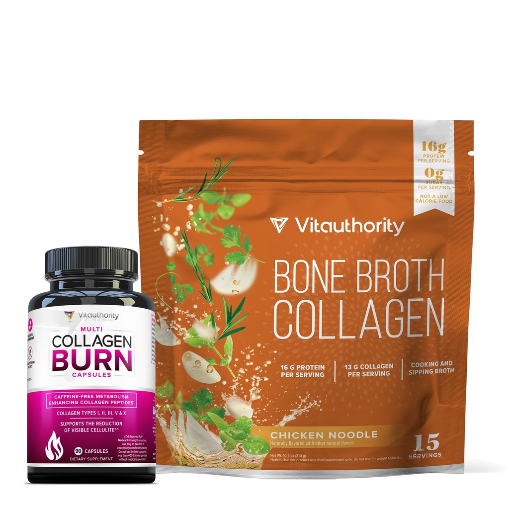 Vitauthority Multi Collagen Burn Capsules: Hydrolyzed Protein Peptides with Hyaluronic Acid and Bone Broth Collagen Delicious Chicken Noodle Flavored - Packed with 16g of Protein