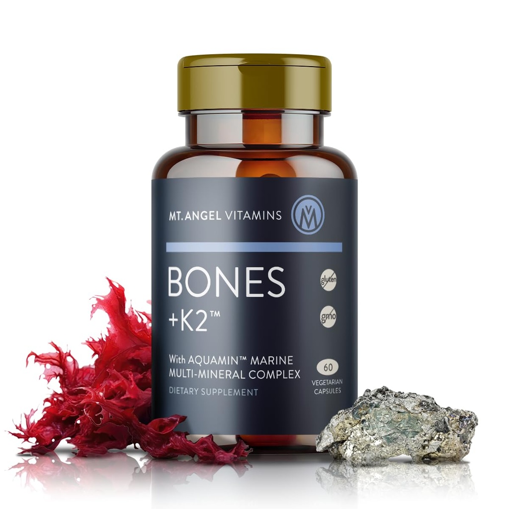 Mt. Angel Vitamins - Bones + K2, Comprehensive Bone Support Calcium Supplement, Aquamin 1600 mg, Magnesium, plus trace minerals, Vitamin K2 (MK7), Manganese, Vitamin D3, Boron - 60 Vegetarian Capsules