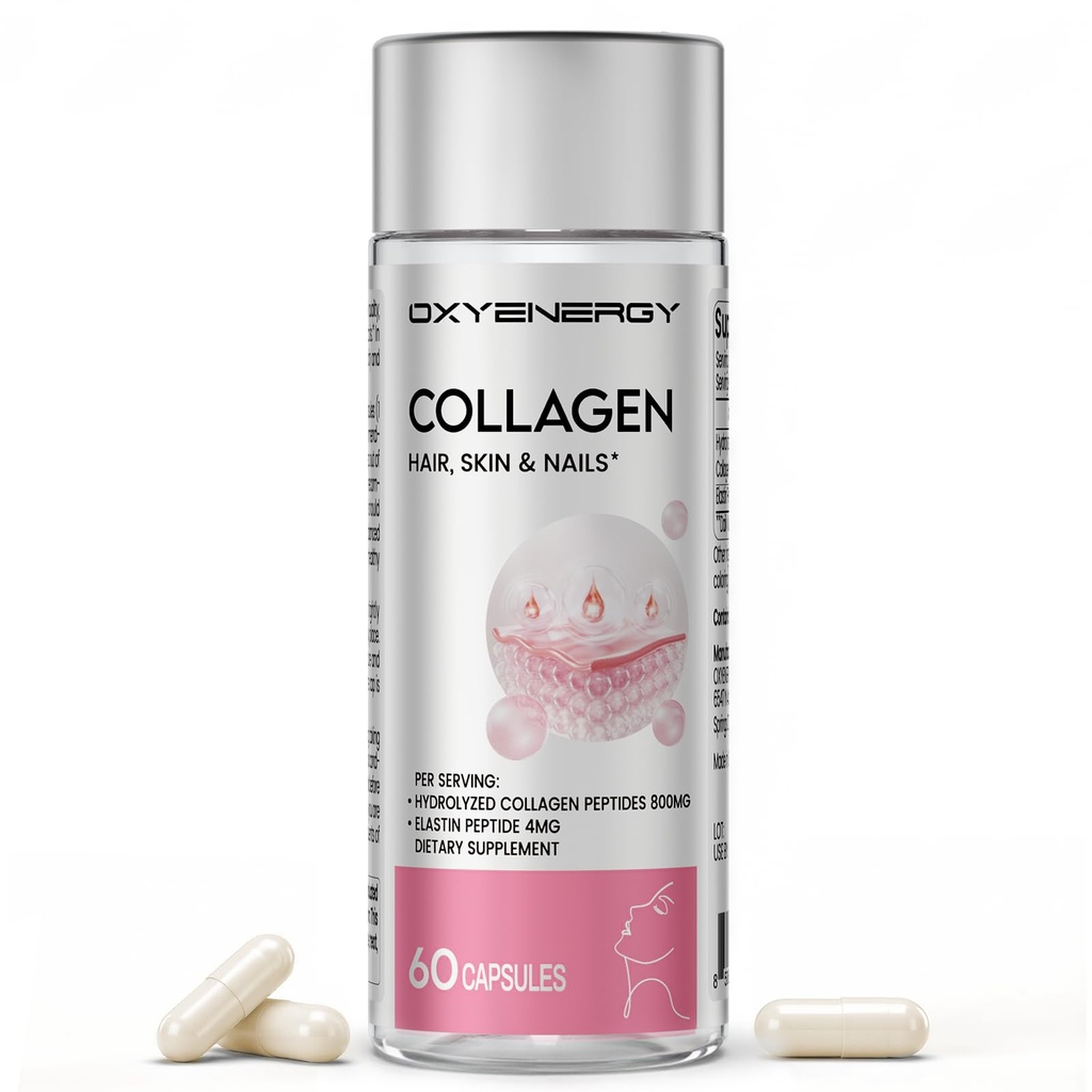 OxyEnergy Collagen Peptidy Kapsule pre ženy, 800mg Hydrolyzed Collagen (typy I) Doplnky s Elastin Peptides, 60 Collagen Pills pre podporu vlasov, nechtov, kože, Colágeno en Capsulas
