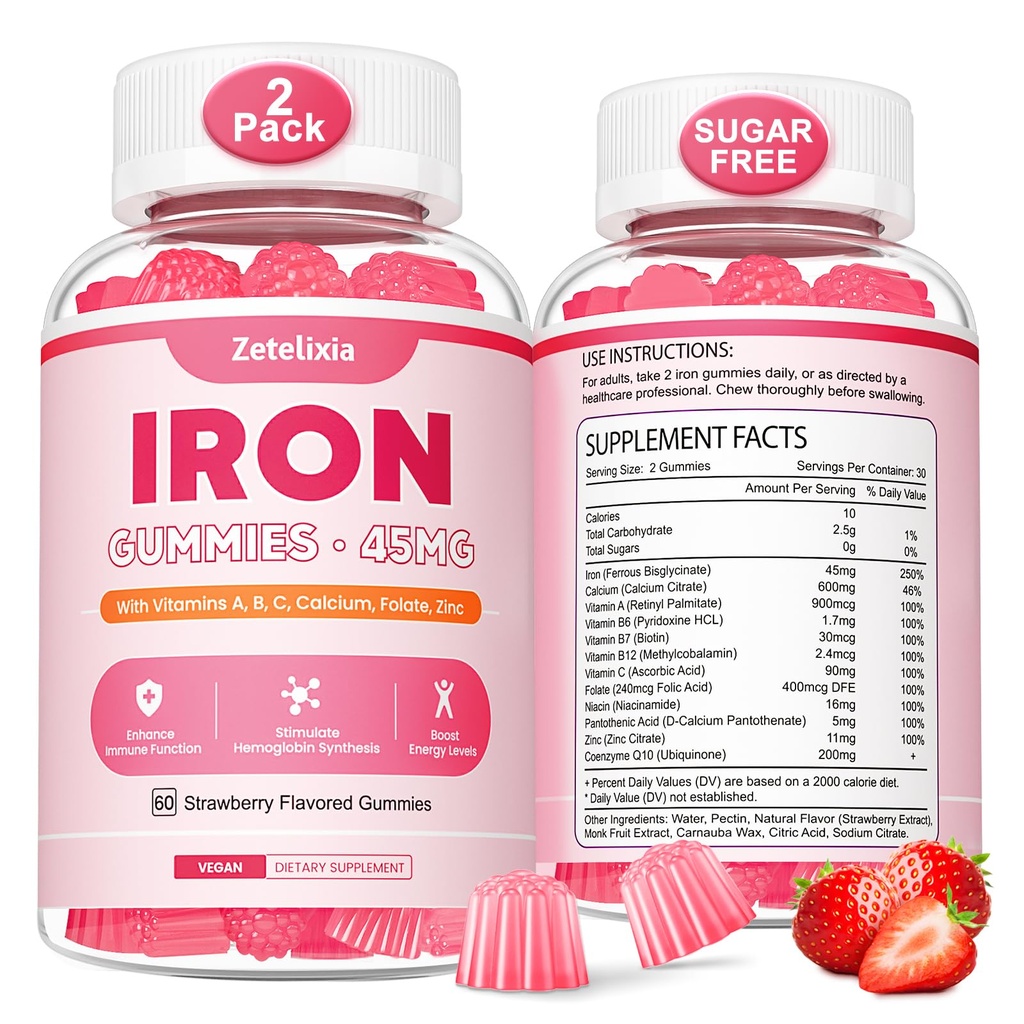 Vegan 2 balenie Železo Supplement Gummy pre ženy a mužov, Anémia, Blood Builder & Energy Support pre nedostatok železa, s vitamínom C, A, B komplex, folát, CoQ10, bez cukru, non-GMO, 120 Počet