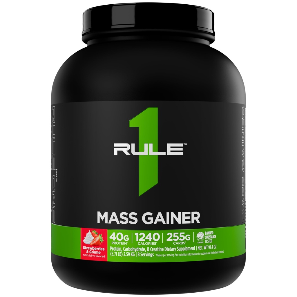 Pravidlo 1 Mass Gainer - High-Calorie Váha Gain Formula s 1,220+ Kalórie, 250g+ Complex Carb Blend, 40g All-Whey Protein Per Serving (8 slúžiace, Jahody a Crème)