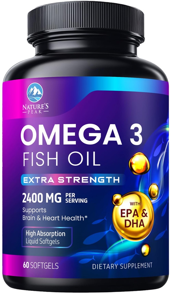 Omega 3 Fish Oil 2400 mg Supplement, Trvalo dostupné, Triple Strength Omega-3 Supplement Softgels, Brain Health Support, EPA & DHA Fish Oil Mastné kyseliny Supplements, Gluten & GMO Free, 60 Softgels