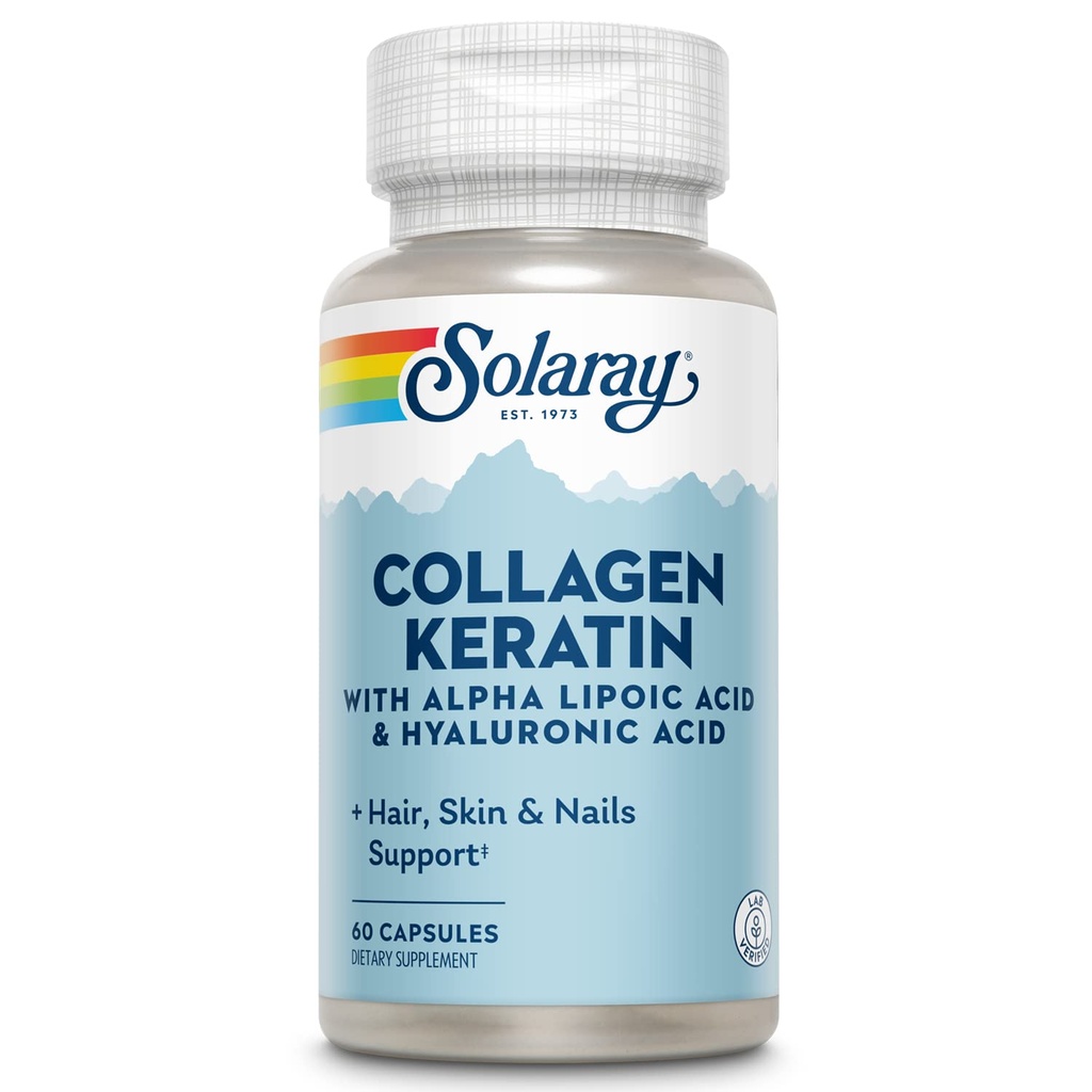 SOLARAY Collagen Keratín s kyselinou lipovou a kyselinou hyalurónovou - typ I, II a III Kolagénové pilulky - vlasy, koža, nechty a spoločná zdravotná podpora - 30 Servírov, 60 kapsúl