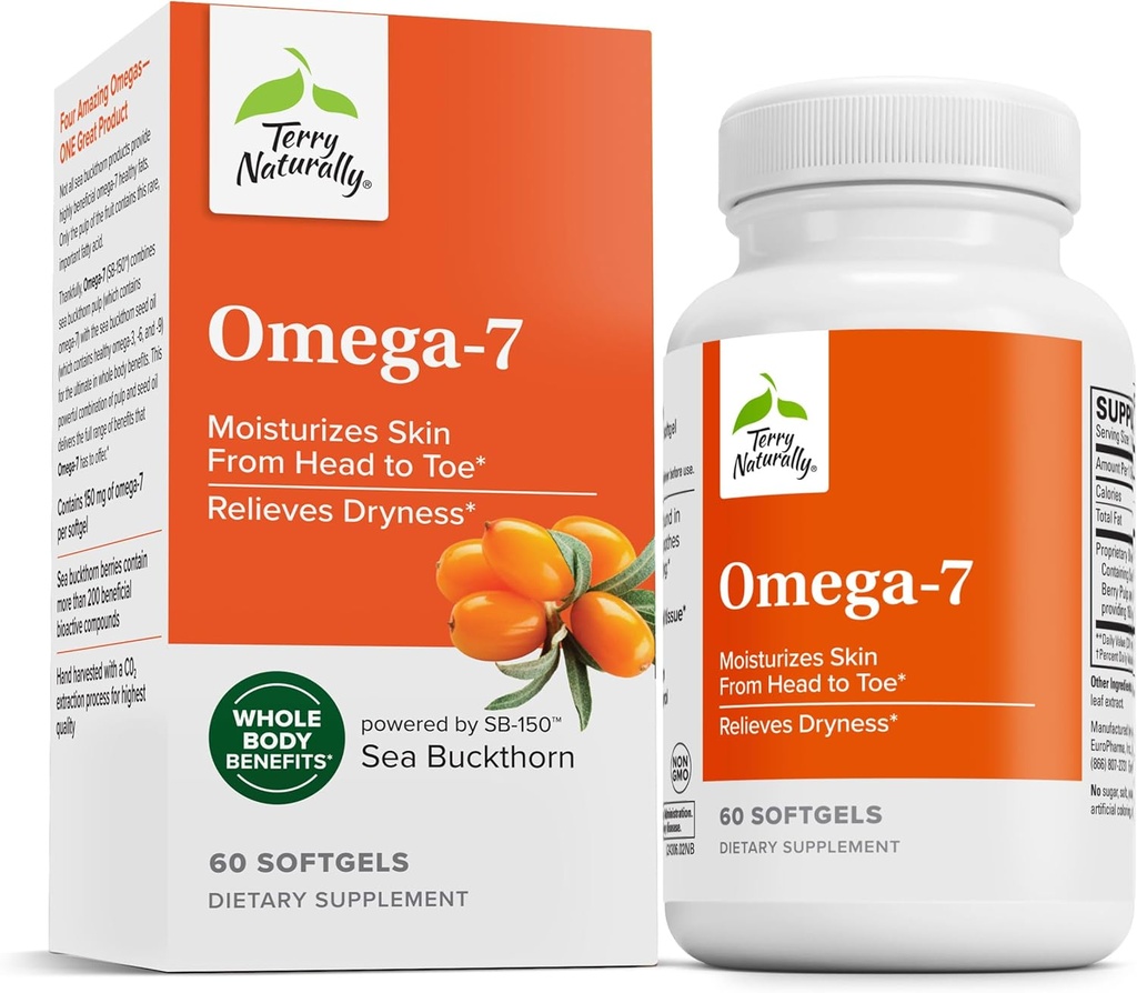 Terry prirodzene Omega-7 - Dietary Supplement with Essential Mastné kyseliny - Nutritional Supplement to Support Skin Health with Sea Buckthorn, Berry Pulp & Seed Oil - 60 Softgels (Pack of 2)