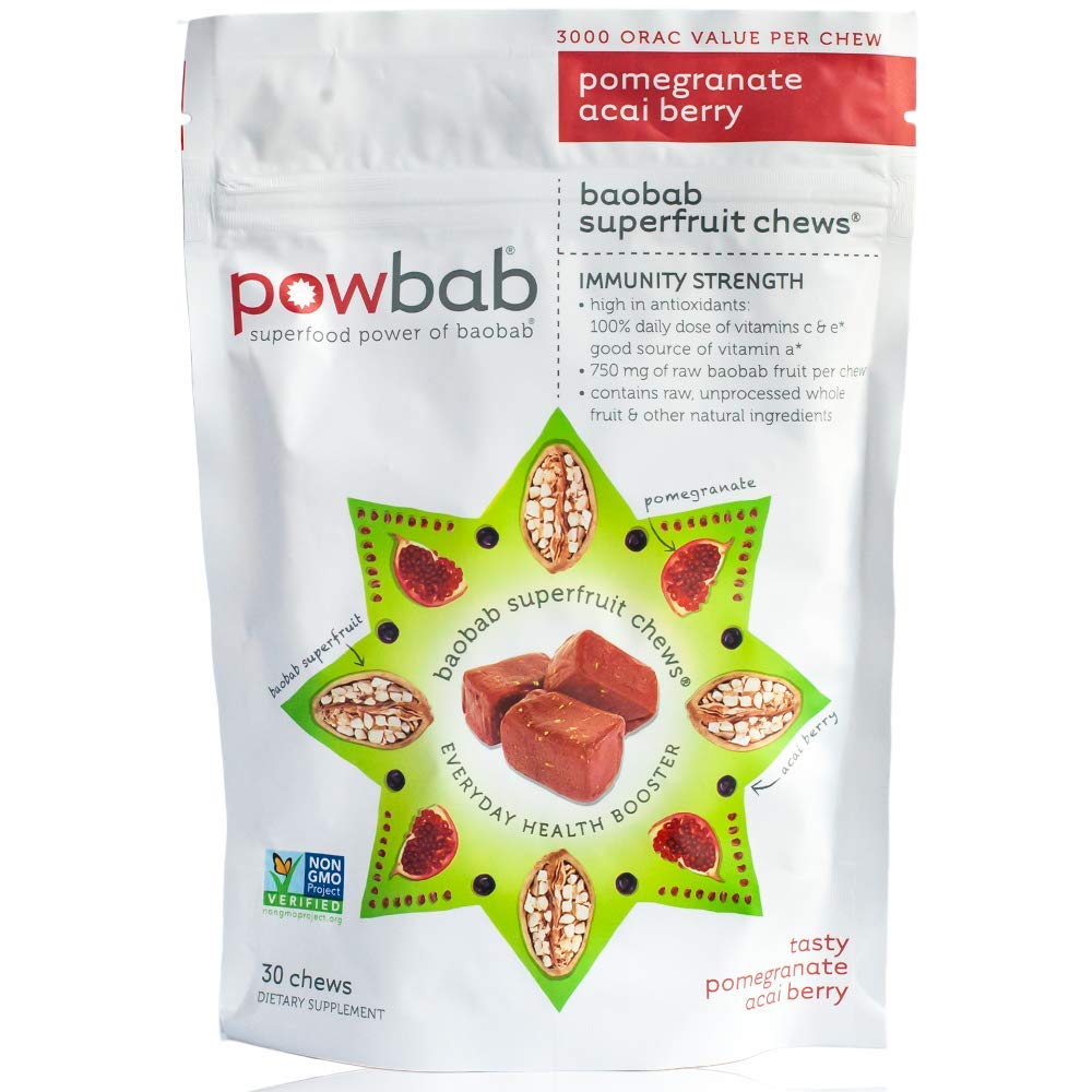 Powbab Baobab Superfruit Chews - 750mg Raw Baobab Powder Organic. Immune Superfood, 100% Antioxidants for Cold Season Vitamin C. Acai Berry Powder Pomegranate, Non GMO, 30 Chews