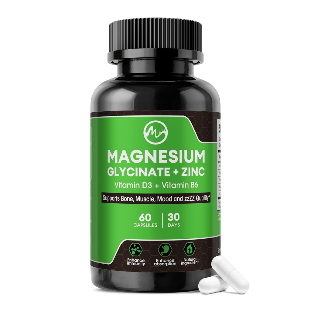 Magnézium Glycinát Kapsule, Magnézium Glycinát Supplement with Zink, Vitamín D3 & B6 - Podporuje Nerve, Bowel, Relaxačná funkcia - 60 Vegan Kapsule