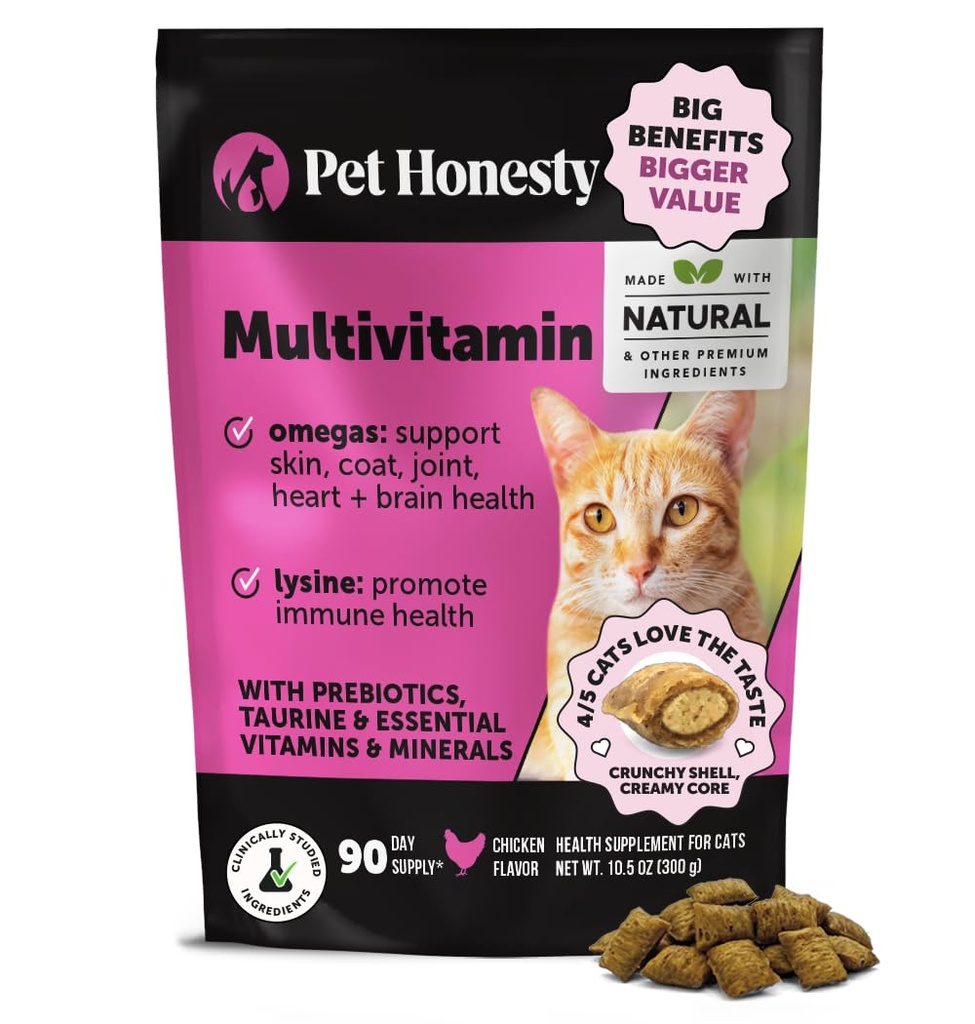 Mačka Multivitamínové žuvačky - Mačacie prípravky pre zdravie + Immune, Joint Support, Skin & Coat, and Digestion - Omega 3s, Lyzín & Probiotiká pre mačky, Vitamíny pre mačky - Kurča (90-Deň)