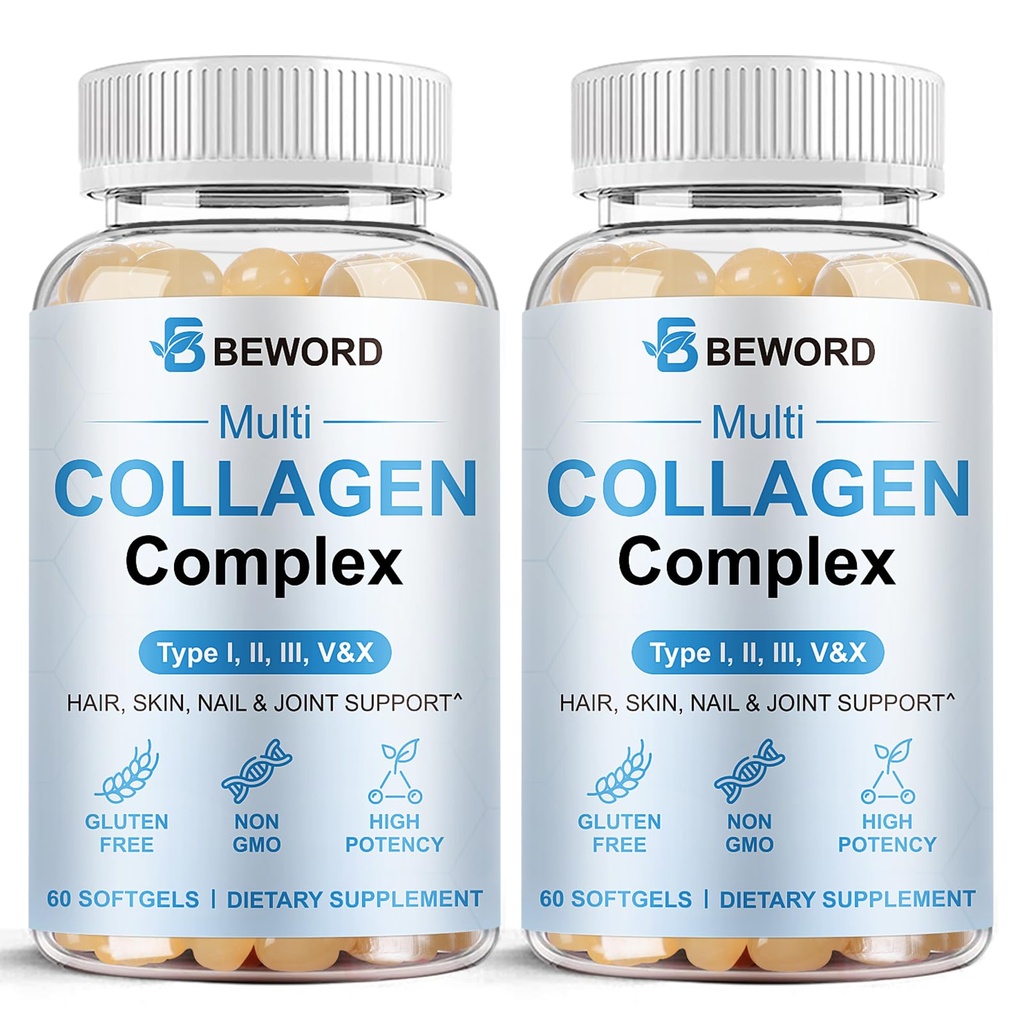 BEWORD Multi Collagen Softgels for Women & Men, 120 Capsules - Type I,II,III,V,X Hydrolyzed Collagen w/Vitamin C & Hyaluronic Acid - Supports Skin, Hair, Nails, Joints - Grass-Fed, Non-GMO, 2 Pack