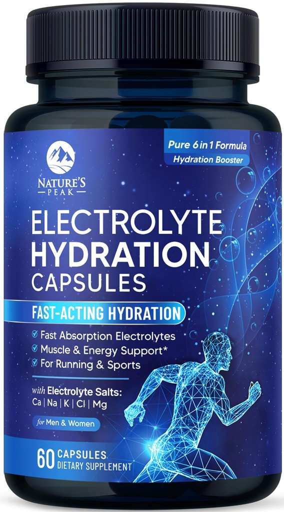 Electrolytes Supplement - 6-in-1 Advanced Hydration Complex with Sodium Chloride, Magnesium, Potassium, Calcium, Vitamin D3 - Best Sugar Free Hydrating Mineral Salt Pills - Vegan & Keto - 60 Capsules