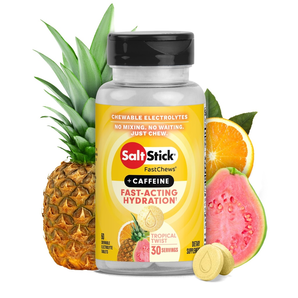 SaltStick Electrolyte FastChews with Caffeine - 60 Tropical Twist Chewable Salt Tablets for Running and Hydration, Electrolyte Chews - 60 Count