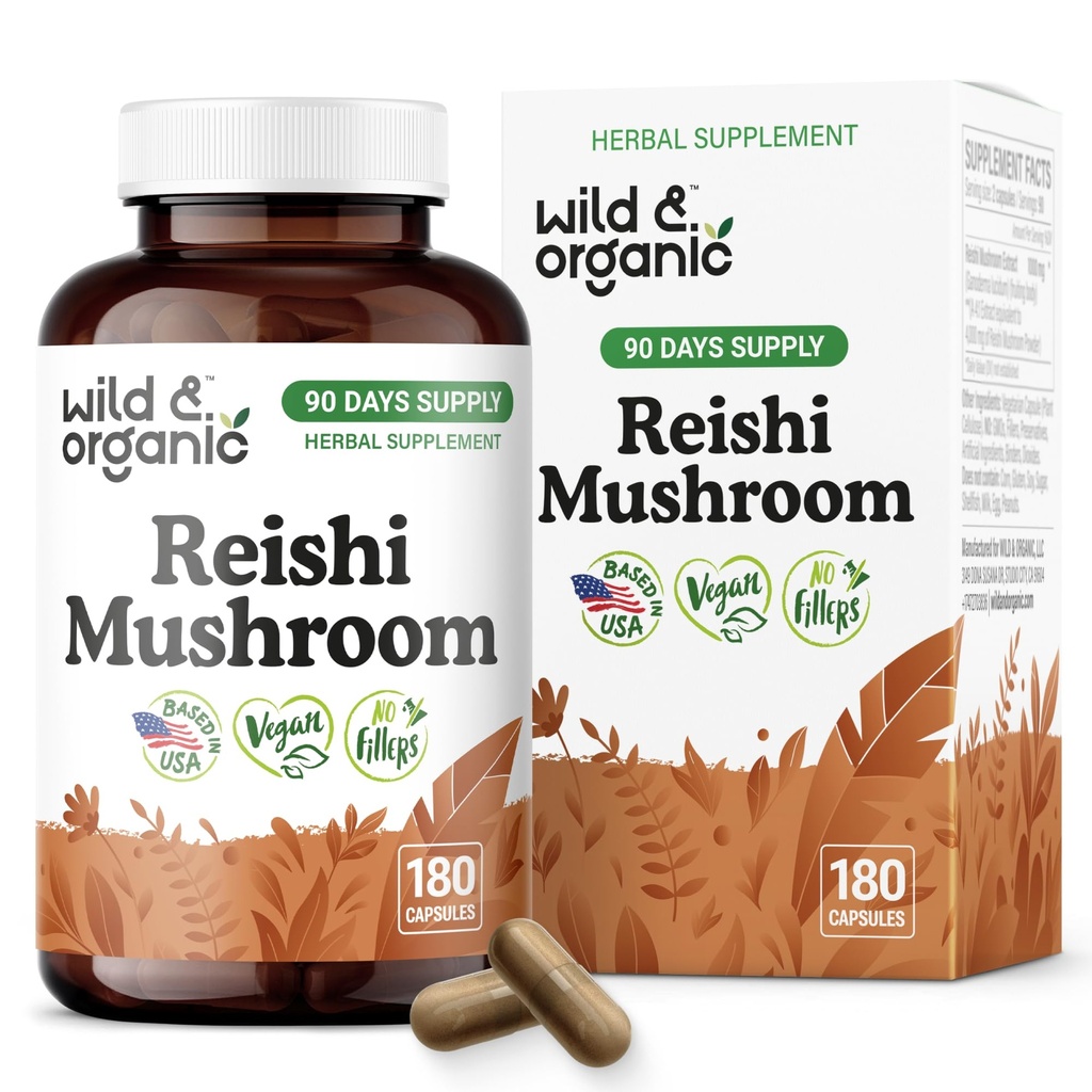 Wild & Organic Reishi Mushroom Capsules 1000 mg - Immune & Energy Support - Red Reishi Mushroom Extract - Ganoderma Lucidum Supplement - 180 Vegan Capsules - 90 Days of Supply, Non-GMO, Gluten-Free