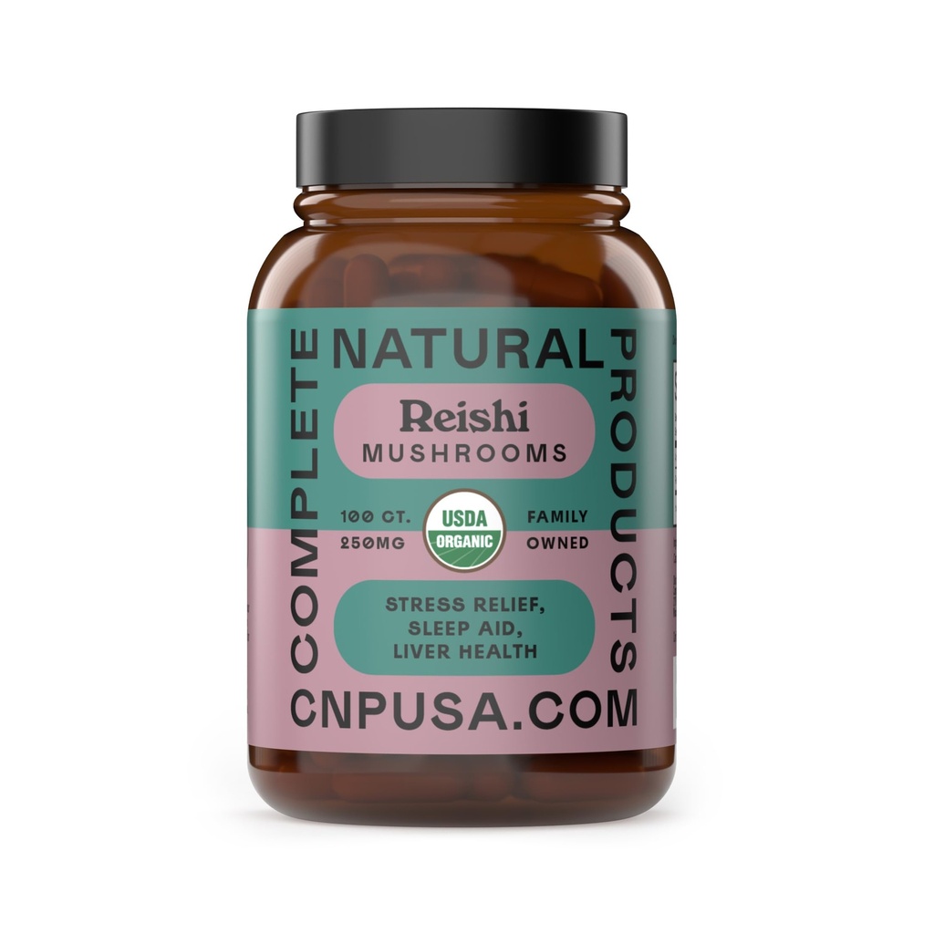 Complete Natural Products Organic Reishi Mushroom Capsules, 250mg, 100ct | Fruiting Body Extract | Plant-Based | Adaptogenic Support | Made in USA | Organic & Kosher Capsules