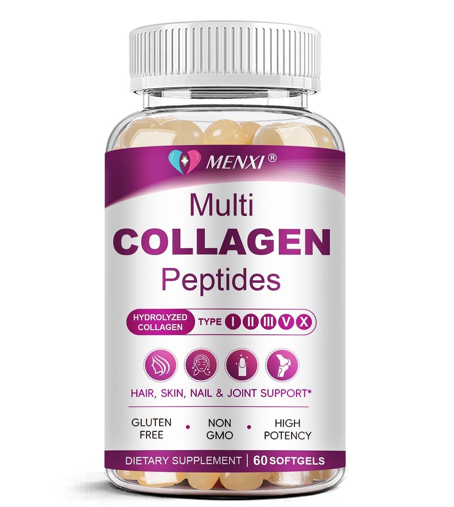 Multi Collagen Peptides Softgel for Women & Men - Type I, II, III, V, X - Hydrolyzed Collagen Peptides with Biotin, Vitamin C & Hyaluronic Acid - Support Skin, Hair, Nail & Joint - Non-GMO, 60 Softgel