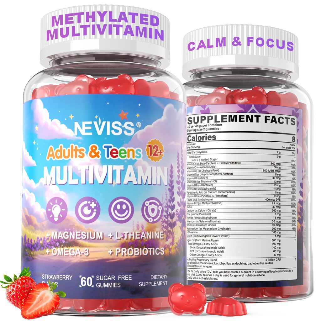 NEVISS Methylated Multivitamin Teen Vitamins Gummies for Boys Girls 12-17 w/Omega-3, Magnesium Glycinate, L-Theanine for Teens Kids Calm & Focus Gummies Supplement, 23-in-1 Formula, Sugar Free, 60 ct