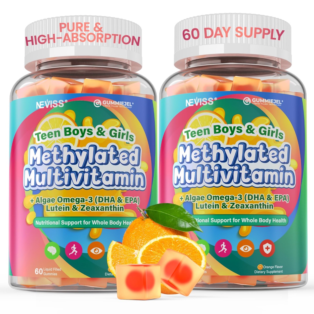 Methylated Multivitamin Gummies for Teens & Kids with Methylfolate, Methyl B12 & Omega3, Teen Vitamins for Boys & Girls 10-19 with Multi-Minerals for Teenager Focus, Energy, Growth, Skin, Eyes, Immune