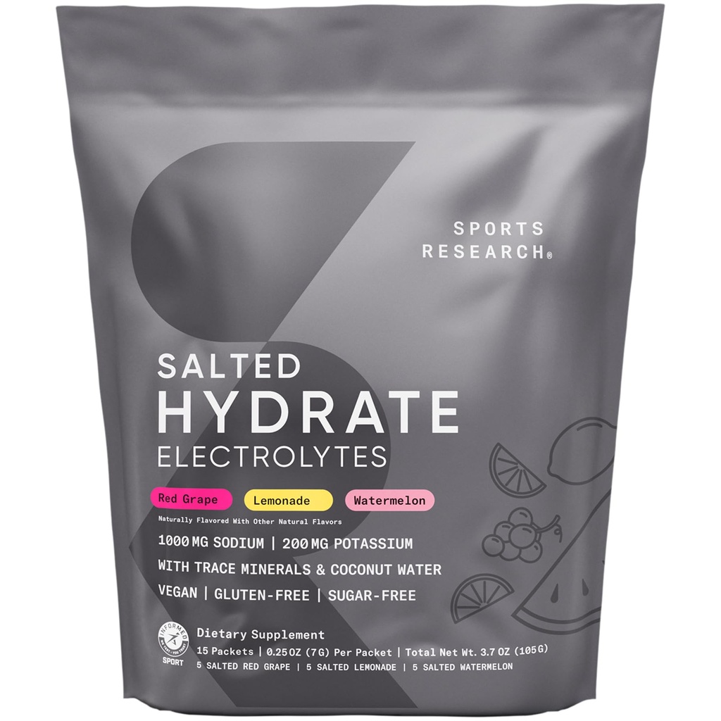 Sports Research® Salted Hydrate Electrolytes Powder Packets - Sugar-Free & Naturally Flavored with Vitamins, Minerals, and Coconut Water - Supports Hydration* - 15 Packets - Variety Pack