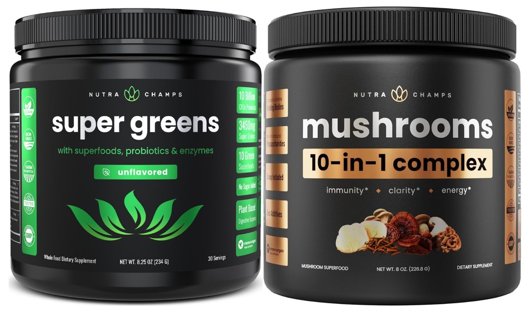 NutraChamps Super Greens Unflavred & Super Huby: Ultimate Brain, Gut & Body Boost