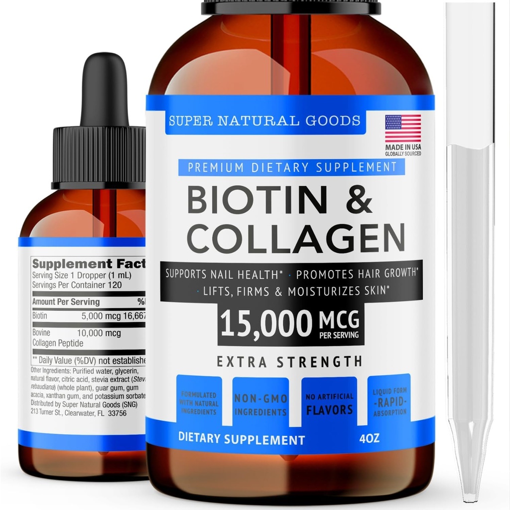 Super Natural Goods Biotin & Colagen Vitamíny - vypadávanie vlasov, zdravie Gut, anti-Aging, starostlivosť o pleť a nechty - Made in USA, Non-GMO & Cruelty Free (4 Ounce- 15,000mcg)