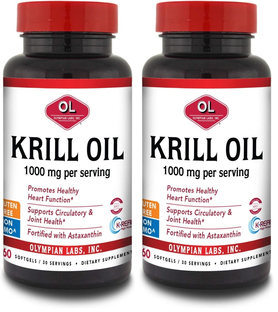 Olympian Labs Antarktída Krill Oil, 1000mg Caps with Astaxantin, Omega-3, EPA, DHA, Immune, Joint & Brain Support, 60 Softgels (Pack of 2)