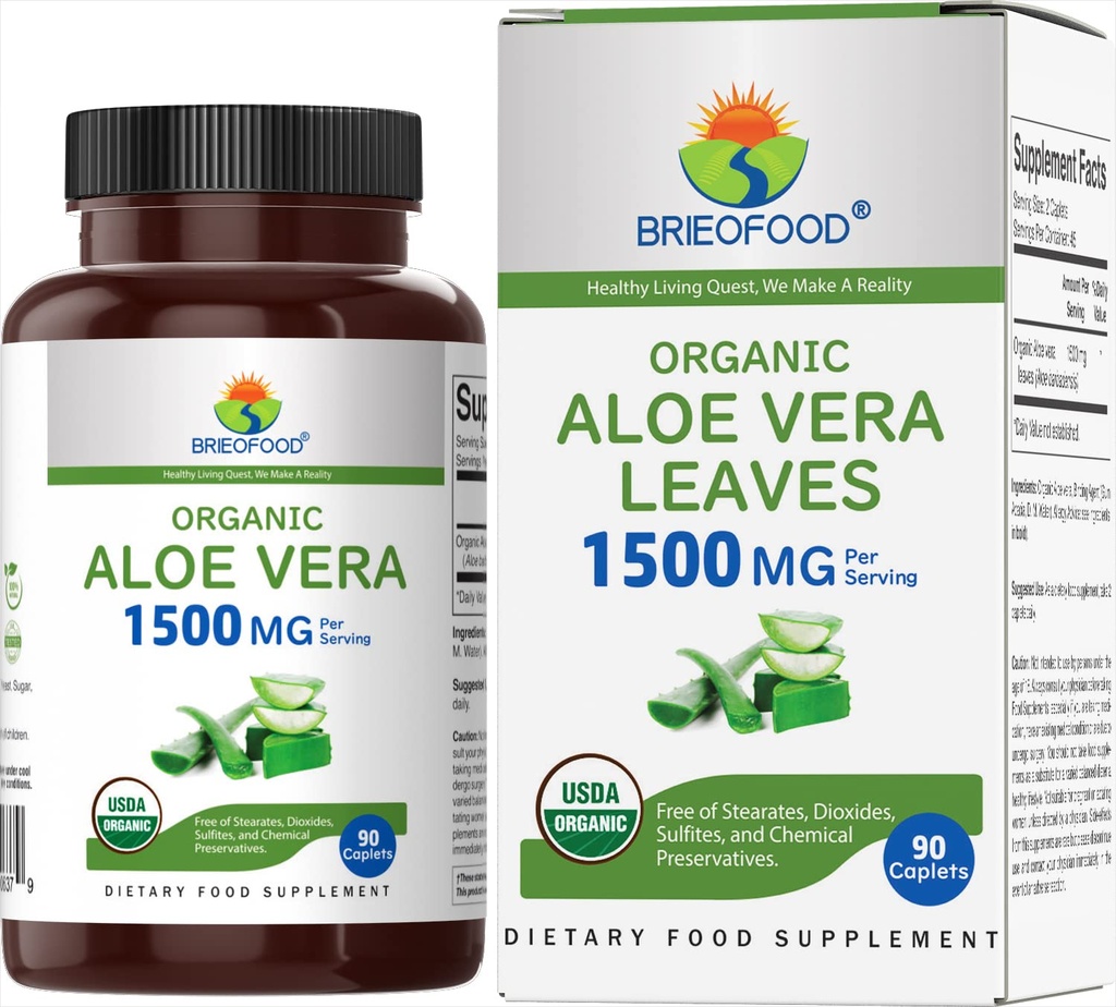 Brieofood Organic Aloe Vera 1500mg, 45 Servings, Vegetarian, Gluten Free, 90 Vegetariánske tablety