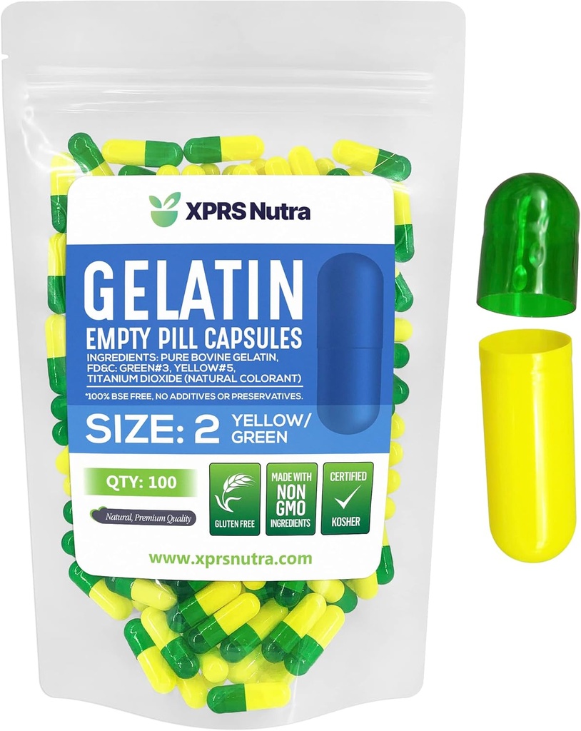 XPRS Nutra Veľkosť 2 Prázdne Kapsule - 100 Počet prázdnych želatíny Kapsule - Tabletky DIY Kapsule Plnenie - Pure Bovine Pill Gel Caps pre Do-It-Tvoje vlastné doplnky (zelené/žlté)