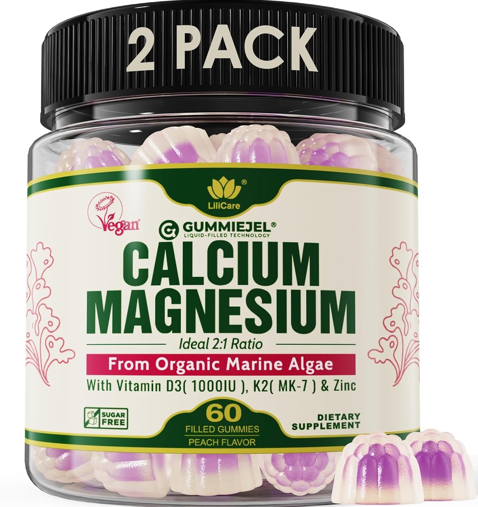 2 balenie - Rastlinné kalcium Gummies 600 mg s vitamínom D3 K2, horčík, zinok pre kostnú silu, bezcukrové kalcium doplnky pre ženy a mužov (Certifikovaný Vegan) z udržateľných organických červených rias