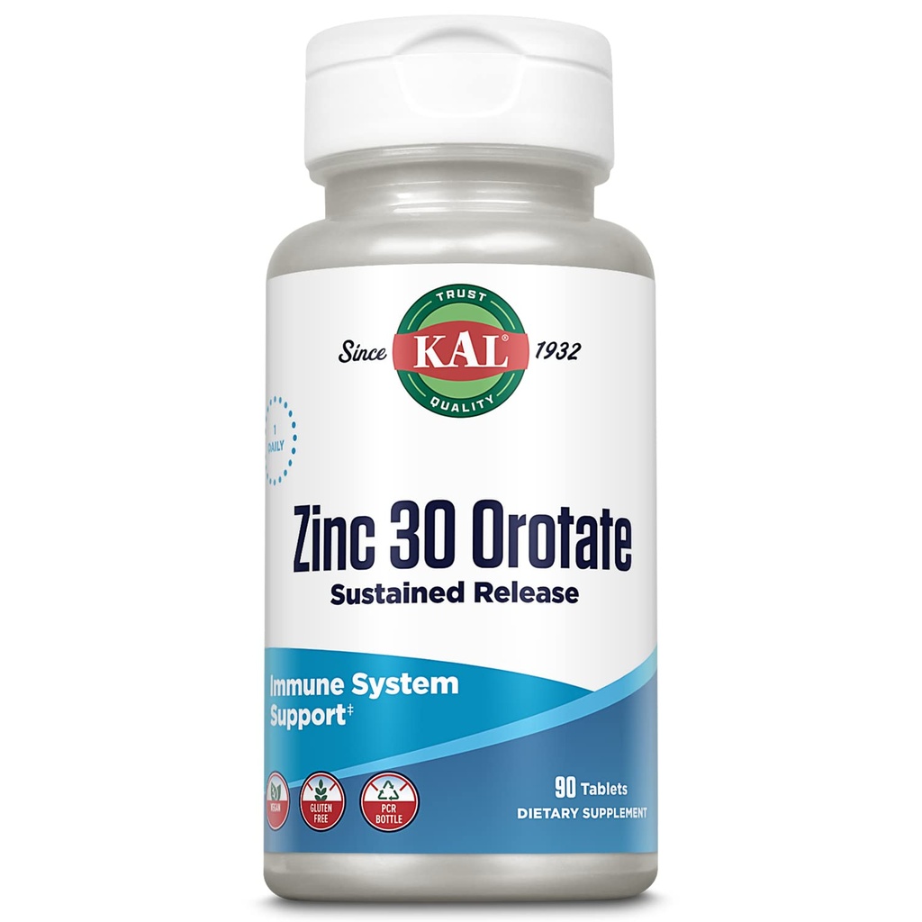 KAL Zinok Orotate 30 mg, Trvalé uvoľňovanie, oneskorené zinkové tablety, Imunitná podpora Supplement, Protein Synthesis, Metabolizmus, Energetická podpora, Vegan, Gluten Free, 60-dňová záruka, 90 Servings, 90 tabliet