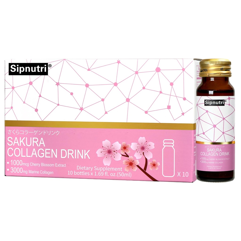 Sakura Collagen Drink - Gift for Mother and Wife - Hydrolyzed Marine Peptides Collagen with Cherry Blossom & Mangosteen Extract, Supports Skin Hydration, Strong Hair & Nail –1.69 fl oz x10