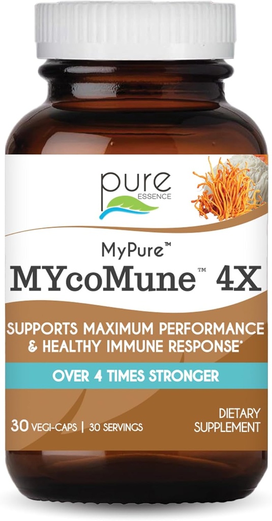 MycoMune 4X Organic Mushroom Supplement - Reishi, Lion's Mane, Cordyceps, Chaga, Shiitake, Maitake pre imunitný systém, Boj proti stresu, Build Energy by Pure Essence - 30 Caps