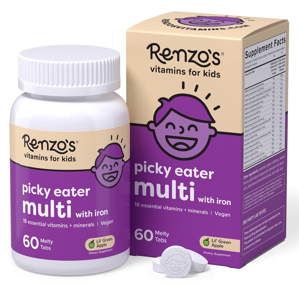 Renzo je Picky Eater Kids Multivitamín so železom - Rozpustné Deti Vitamíny so železom, Zinkom, vitamínom C, vitamínom D, E & K, Melty bez cukru, Zelená jablková chuť, 60-Count (1-2 mesiac dodávky)