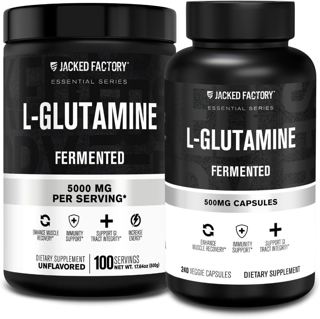 Jacked Factory L-Glutamine Powder 100 Servivné a L-Glutamine Kapsule 500 mg (240 kapsúl) pre zotavenie svalov po tréningu, imunita, tráviace zdravie