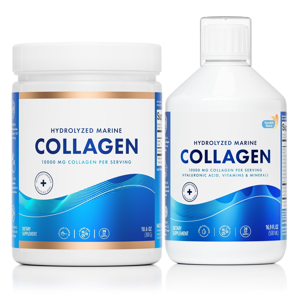Swedish Nutra - 100% Marine Collagen Powder 300g & 10,000 mg Hydrolyzed Marine Collagen Liquid Supplement | Hyaluronic Acid, Biotin and Vitamin C to Support Healthy Hair, Skin, Nails and Joints