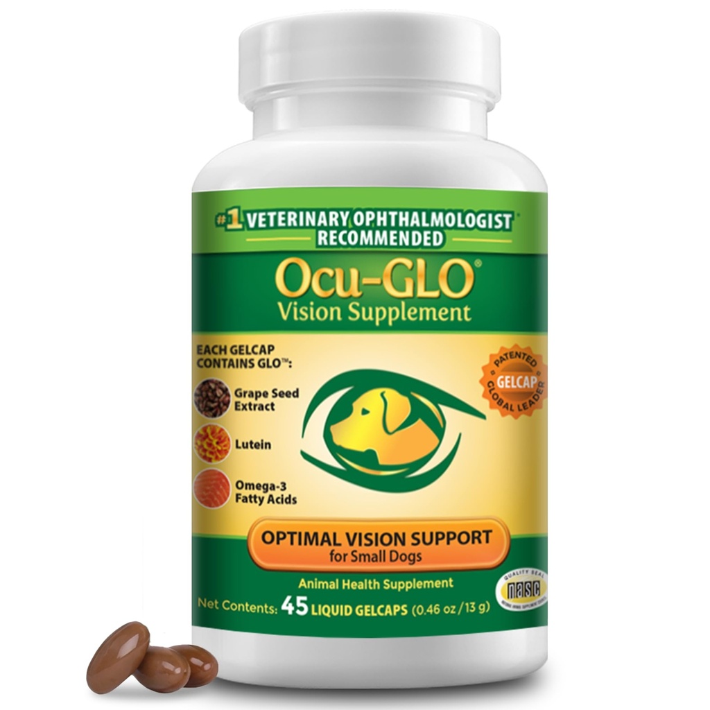 Ocu-GLO Vision Supplement for Small Psy by Animal Abscessity with Lutein, Omega-3 Mastné kyseliny, Hroznové semená extrakt a antioxidanty pre podporu zdravia očí u psov, 45ct Tekuté Gelkaps