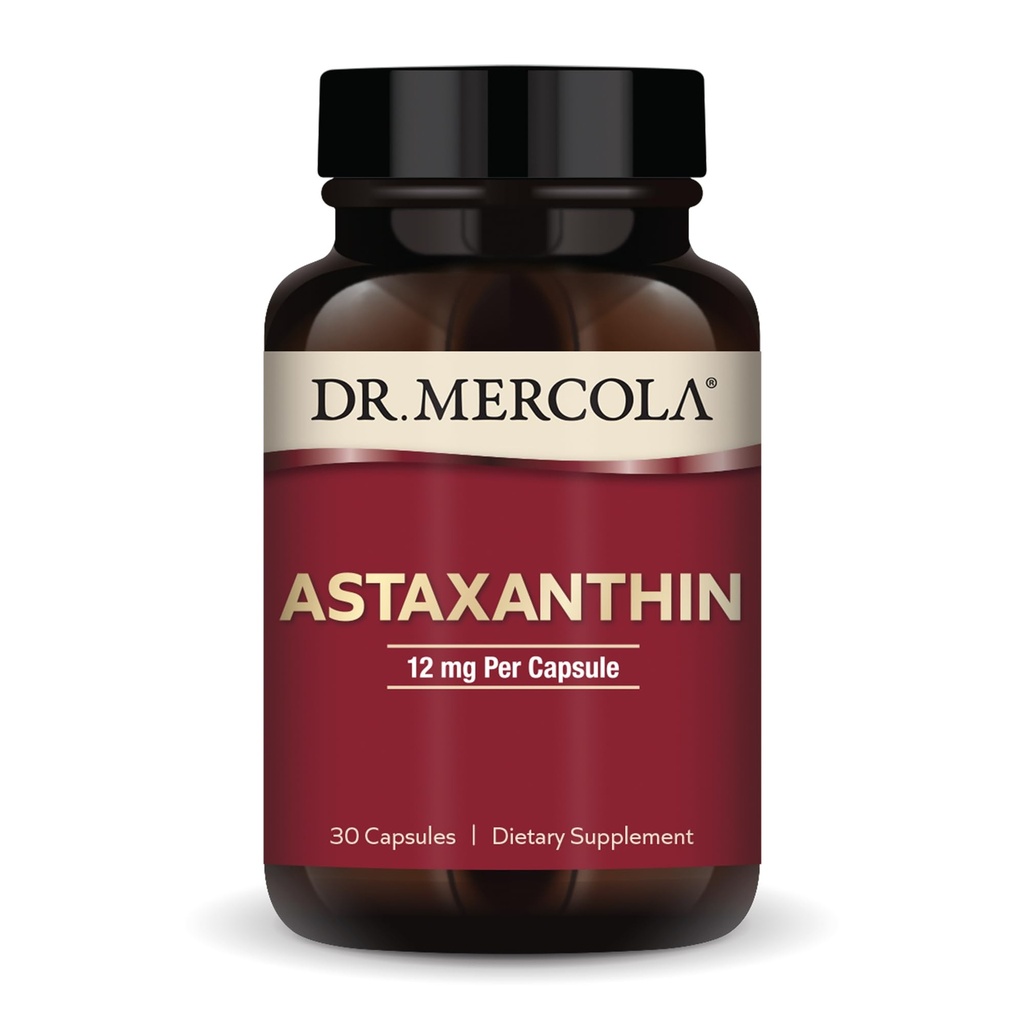 Dr. Mercola Organic Astaxantin - 12 mg Astaxantin - Výkonný Antioxidant Support - Organic Microrias Extract - Non-GMO, Gluten-Free & Soy-Free - 30 kapsúl (30 porcií)