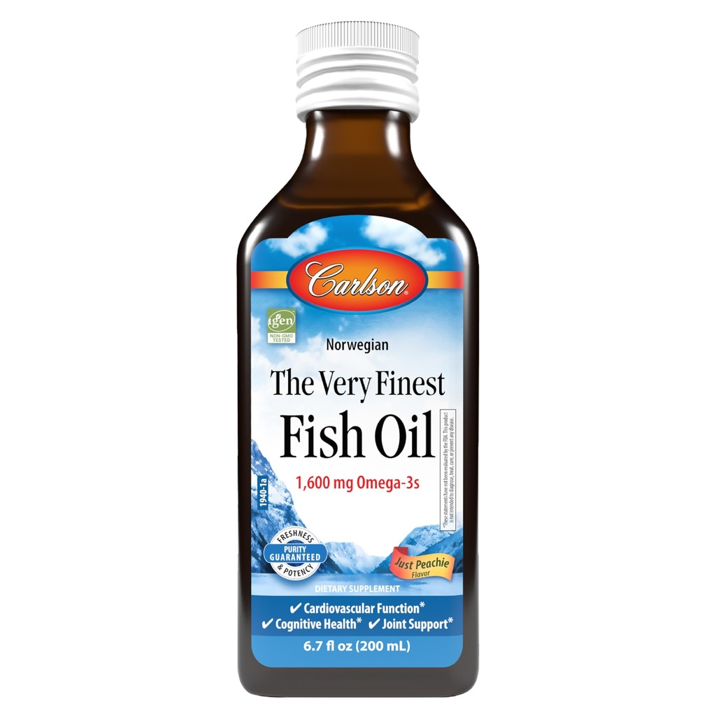 Carlson - Veľmi najjemnejší rybí olej, 1600 mg Omega-3s, Liquid Fish Oil Supplement, Norwegian Fish Oil, Wild-Caught, Udržateľne Zdroj Fish Oil Liquid, Just Peachie, 200 ml (6.7 Fl Oz)