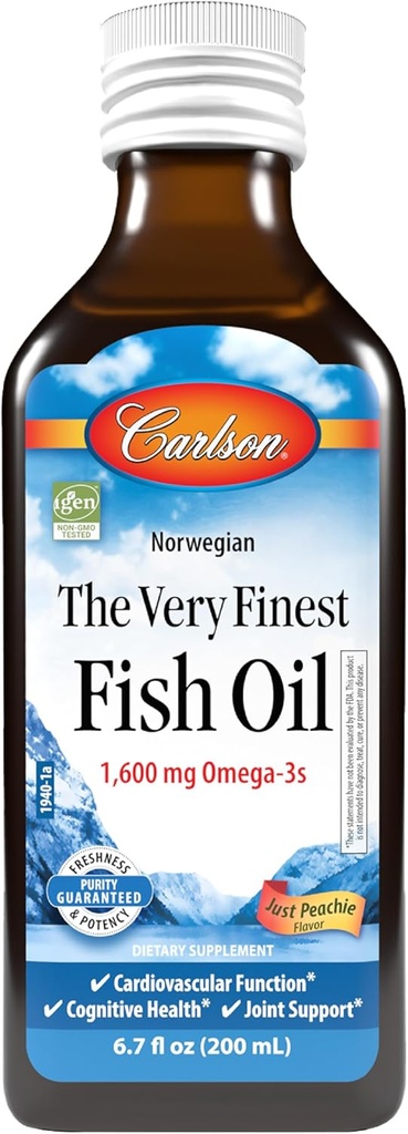 Carlson - Veľmi najjemnejší rybí olej, 1600 mg Omega-3s, Liquid Fish Oil Supplement, Norwegian Fish Oil, Wild-Caught, Udržateľne Zdroj Fish Oil Liquid, Just Peachie, 200 ml (6.7 Fl Oz)