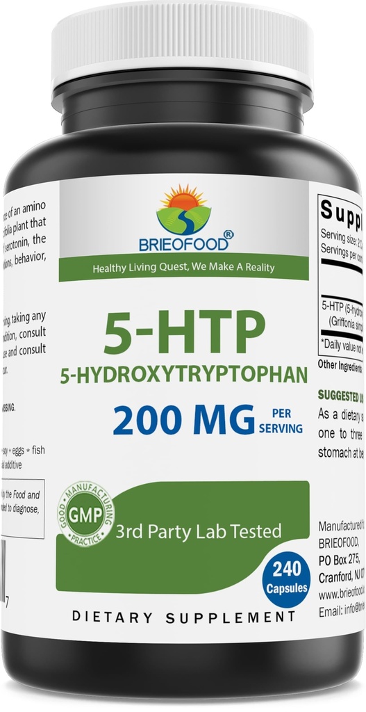 Brieofood 5-HTP 200mg per Serving - 240 Kapsule - 5-Hydroxytryptofán od Healthy Relaxation - 3. Party Lab Tested