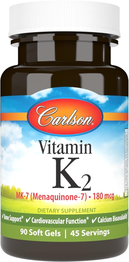 Carlson - vitamín K2 MK-7 (menachinón), 180 μg, kostná podpora, biodostupnosť vápnika, K2 vitamín, vitamín K-2, 90 softgelov