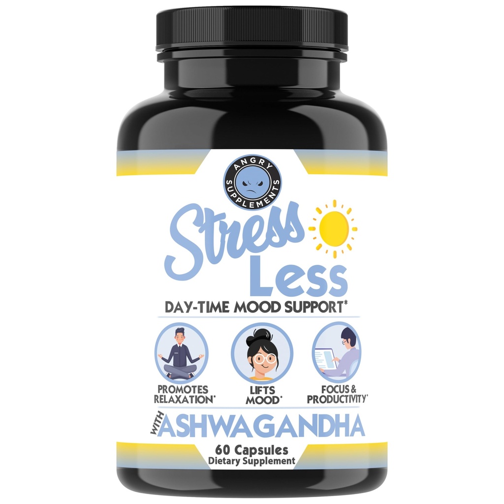 Angry Supplements Stress Less Day-Time Mood Support Pills – Natural Stress Relief with Ashwagandha, Rhodiola, L-Theanine, Magnesium & B Vitamins– Calm Focus & Mental Clarity – 60 Capsules (1-Bottle)