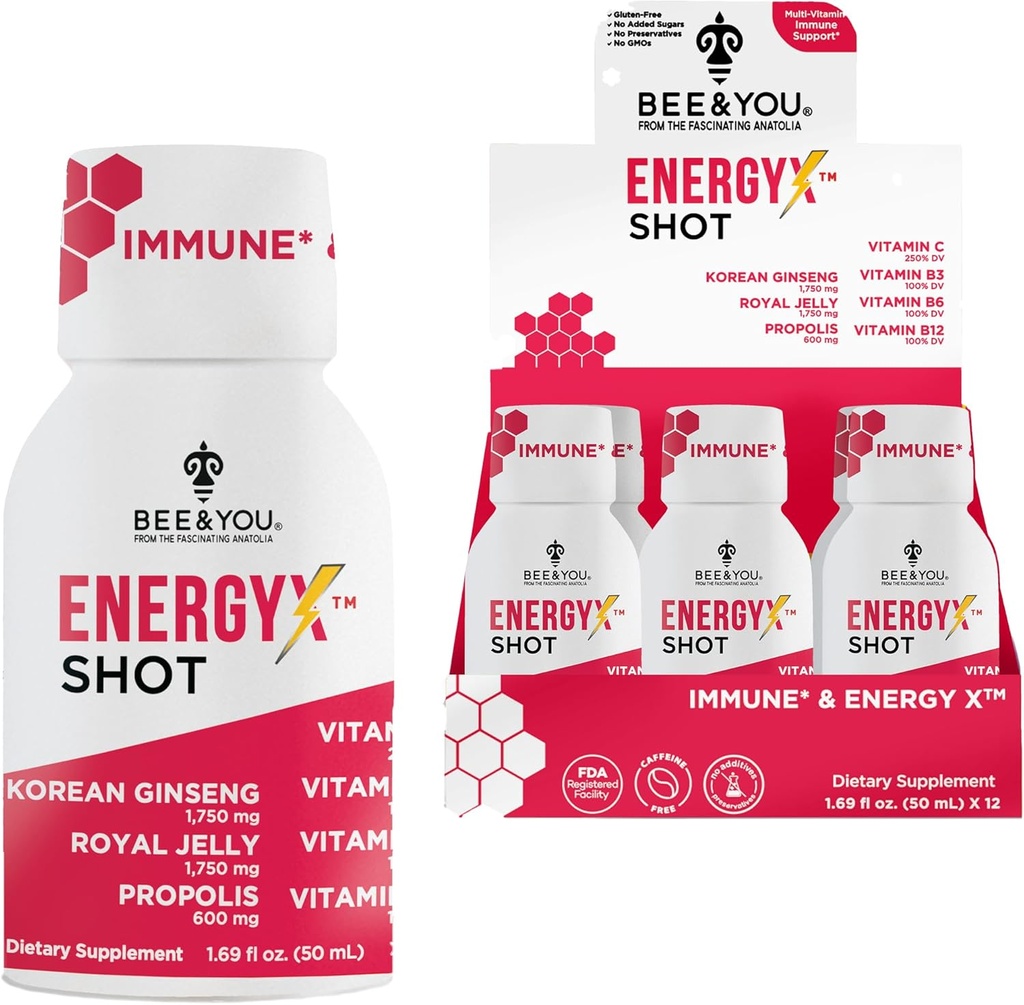 Včela a energia X Shot, 12 balenie, kórejský červený ženšen, kráľovská želé, Propolis, kofeín zadarmo Energy Drink, vitamín C, B3, B6, B12, Immune Suplement, Antioxidanty, granátové jablko chuť
