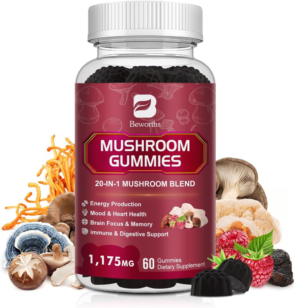 Hubové guličky, 20 v 1 Lions Mane Mushrom Complex Supplement with Reishi, Chaga, Cordyceps & More for Adult, Support for Brain, Focus, Cognitive & Immune Health, Vegan, Malinová chuť, 60 Count