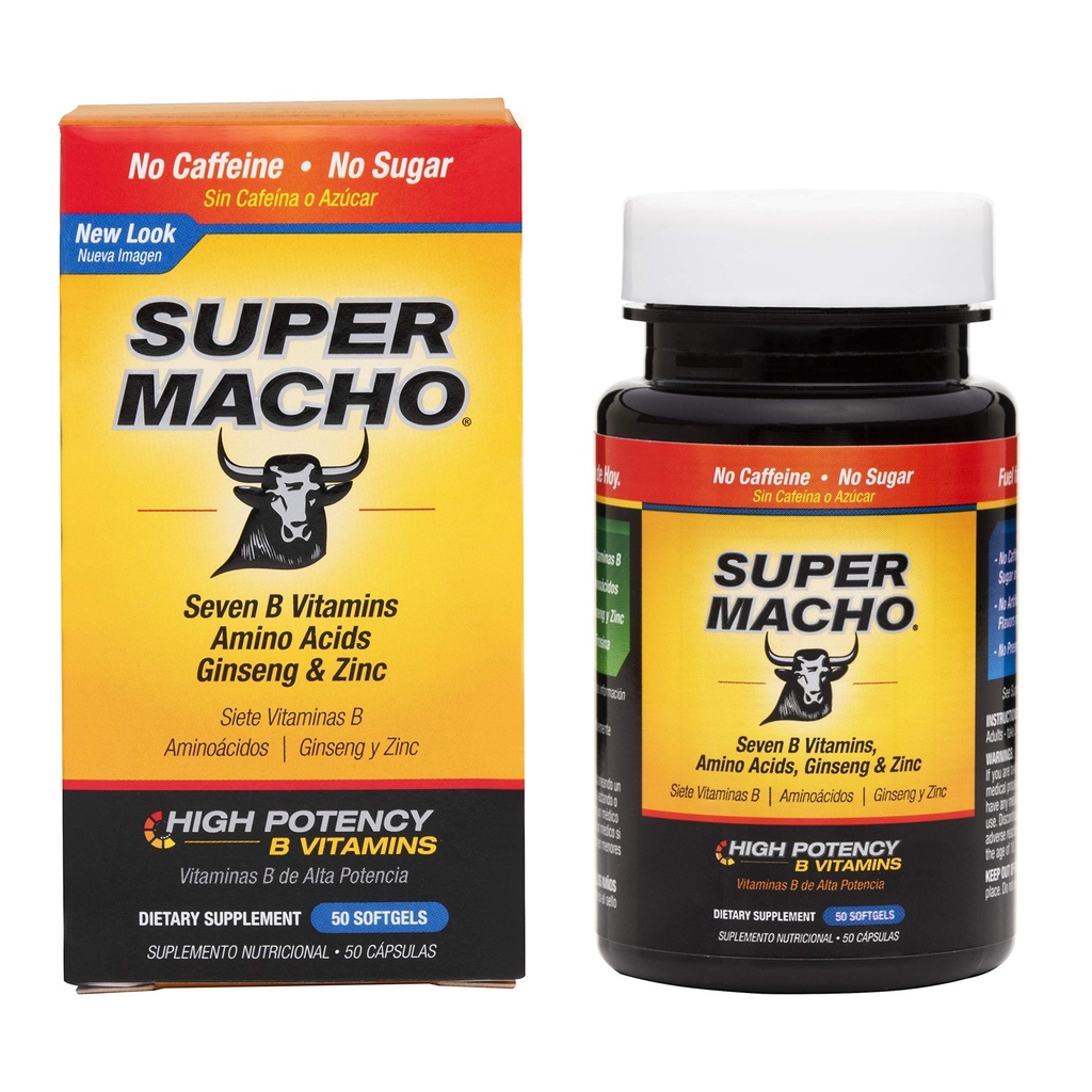 Super Macho Dietary Supplement with High Potency Zinc & 7 B Vitamins, No Preservatives, Sugar or Caffeine, Made in USA, 50 Softgels